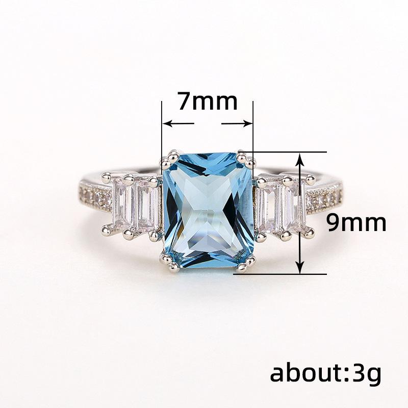Copper inlaid imitation sea blue zircon ring, European beautiful women's engagement ring