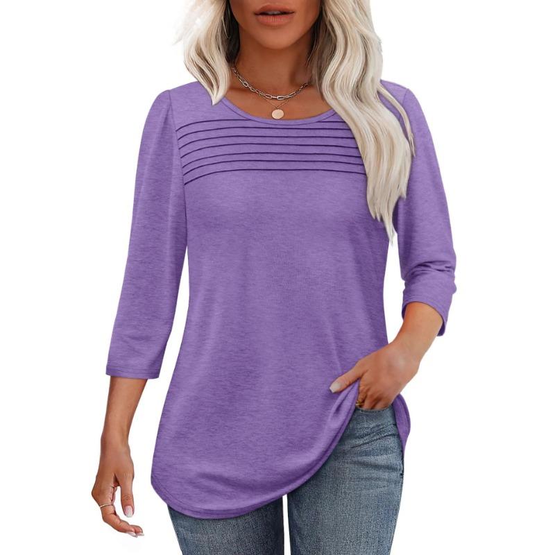 Autumn Round Neck Seven Quarter Sleeve Pleated Top Women's T-shirts
