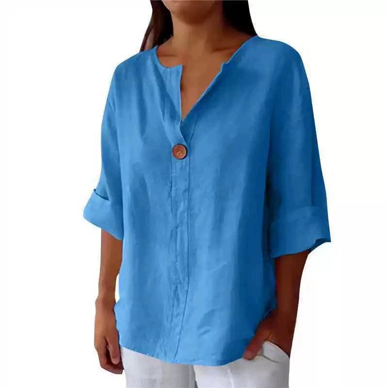 2026 European & American Summer Women's V-Neck Cotton Linen Loose T-Shirt