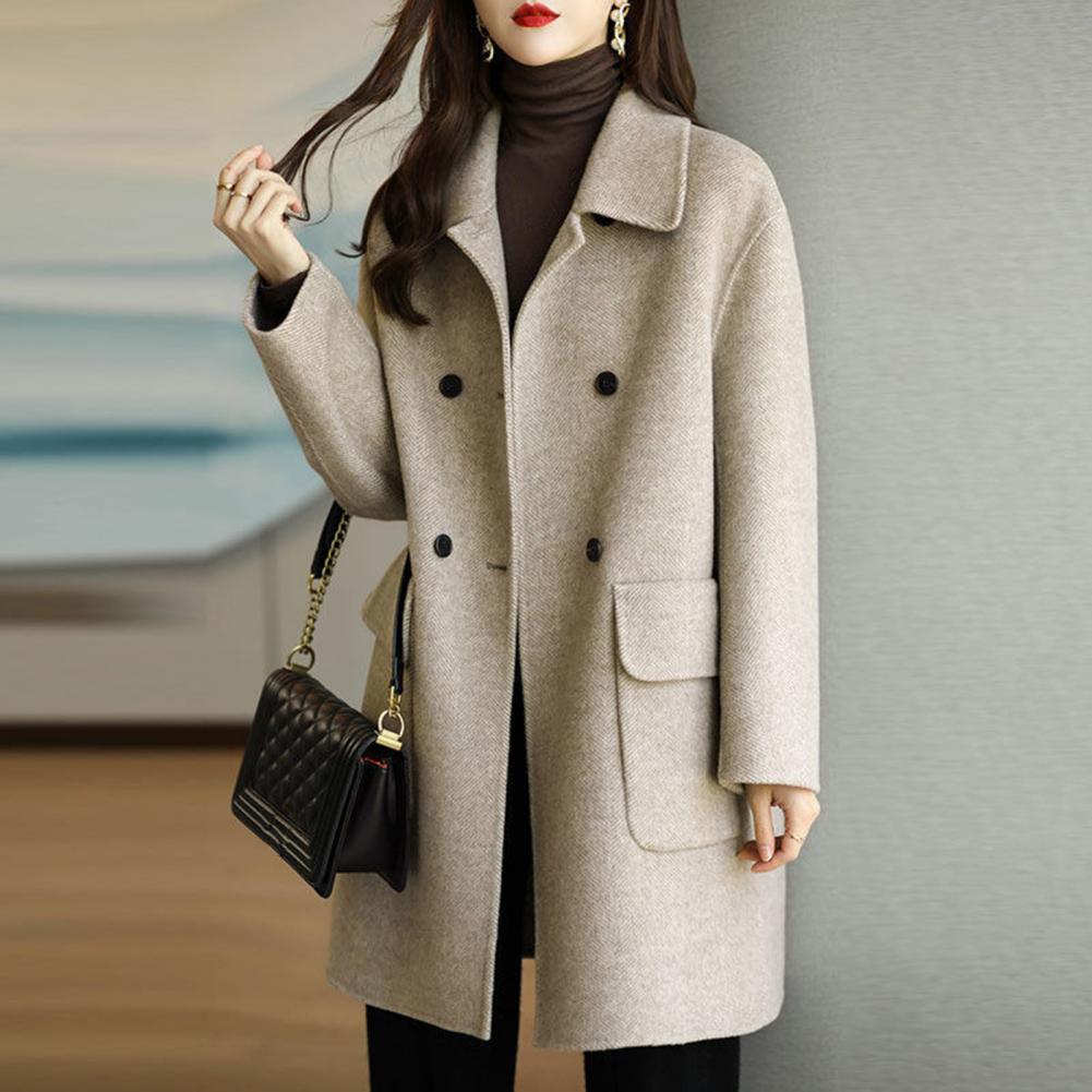 Women Jacket Turn-down Collar Long Sleeves Double-breasted Windbreaker Relaxed Fit Pockets Mid Length Outdoor Activity Travel Commuting Overcoa