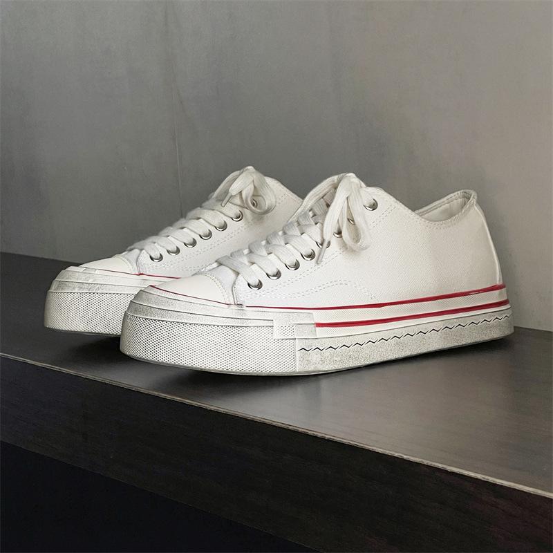 

Обувь мужская новая трендовая нишевая японская ретро универсальная летняя с большой головой старая вулканизированная обувь низкий верх с увеличением роста парусиновая обувь 44 белый