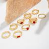 Korean Style 9-Piece Retro Colored Stone Metal Carved Fashionable Geometric Ring Set Suitable for Girls' Jewelry