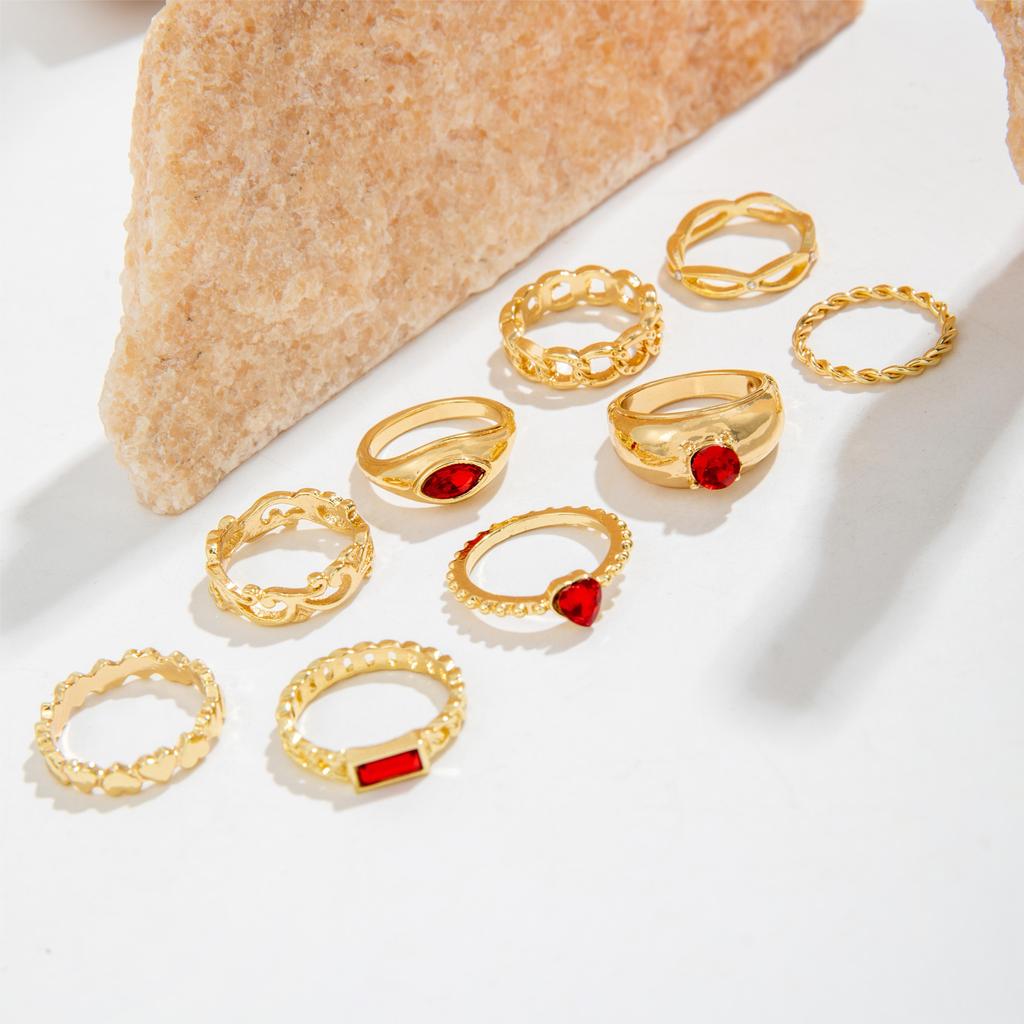 Korean Style 9-Piece Retro Colored Stone Metal Carved Fashionable Geometric Ring Set Suitable for Girls' Jewelry