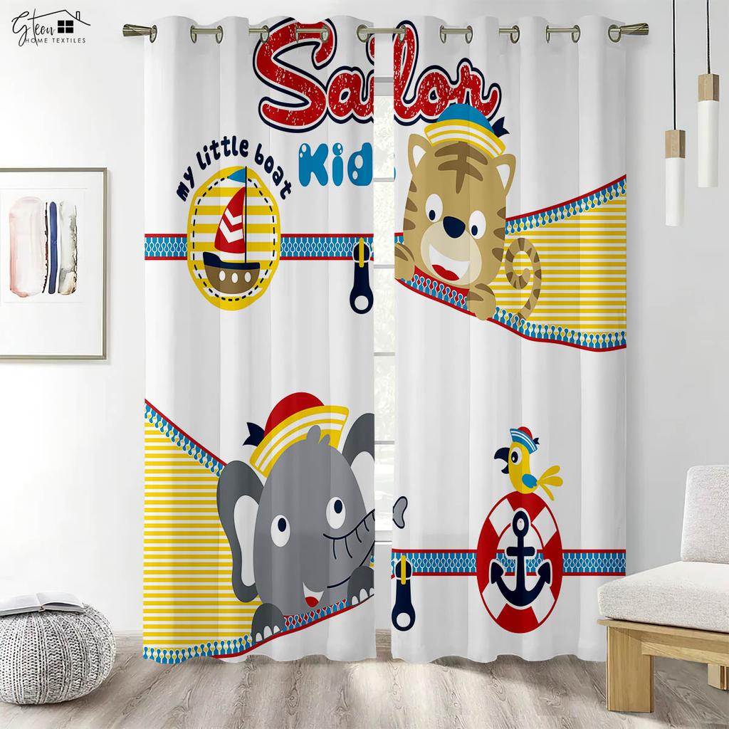 Animal 3D Printed Curtains Rabbit Turtle Elephant Giraffe Tiger Wolf Zebra Ostrich Children Cartoon Decorative Curtains 2PCS