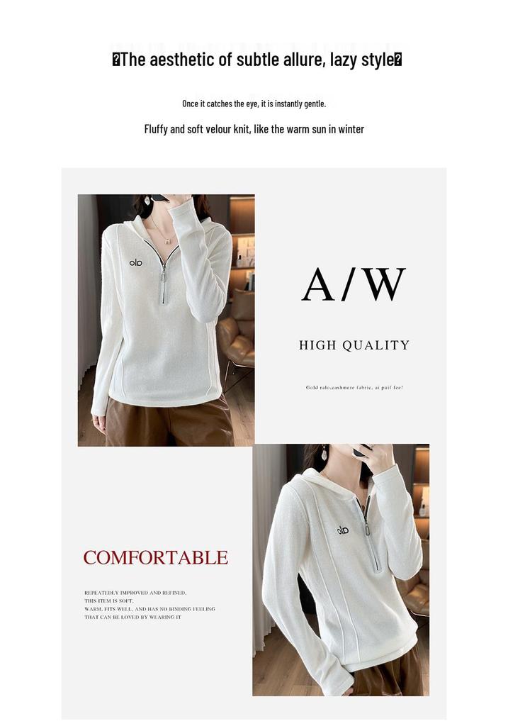 Women's 2025 Autumn/Winter 100% Wool Hooded Color Block Half-Zip Sweater