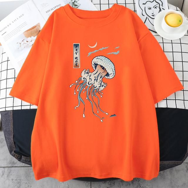 Swimming Colorful Jellyfish Print Mens Short Sleeve Japanese Harajuku O-Neck Tops All-math Oversize Vintage Man Cotton T-Shirts