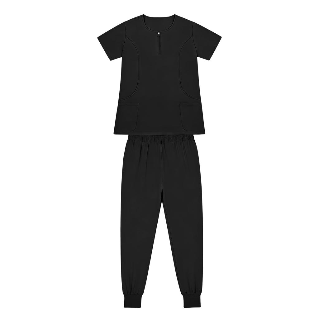 Women's Short Sleeved Color Round Neck Pocket Top Pants Work Clothes Two Piece Set