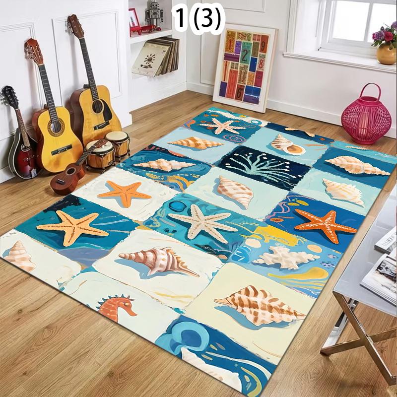 2D Star Fish and Shell Ocean Theme Outdoor Area Rug No-Slip for Patio Deck Backyard Balcony Carpet Bathroom Door Mat Minimalist