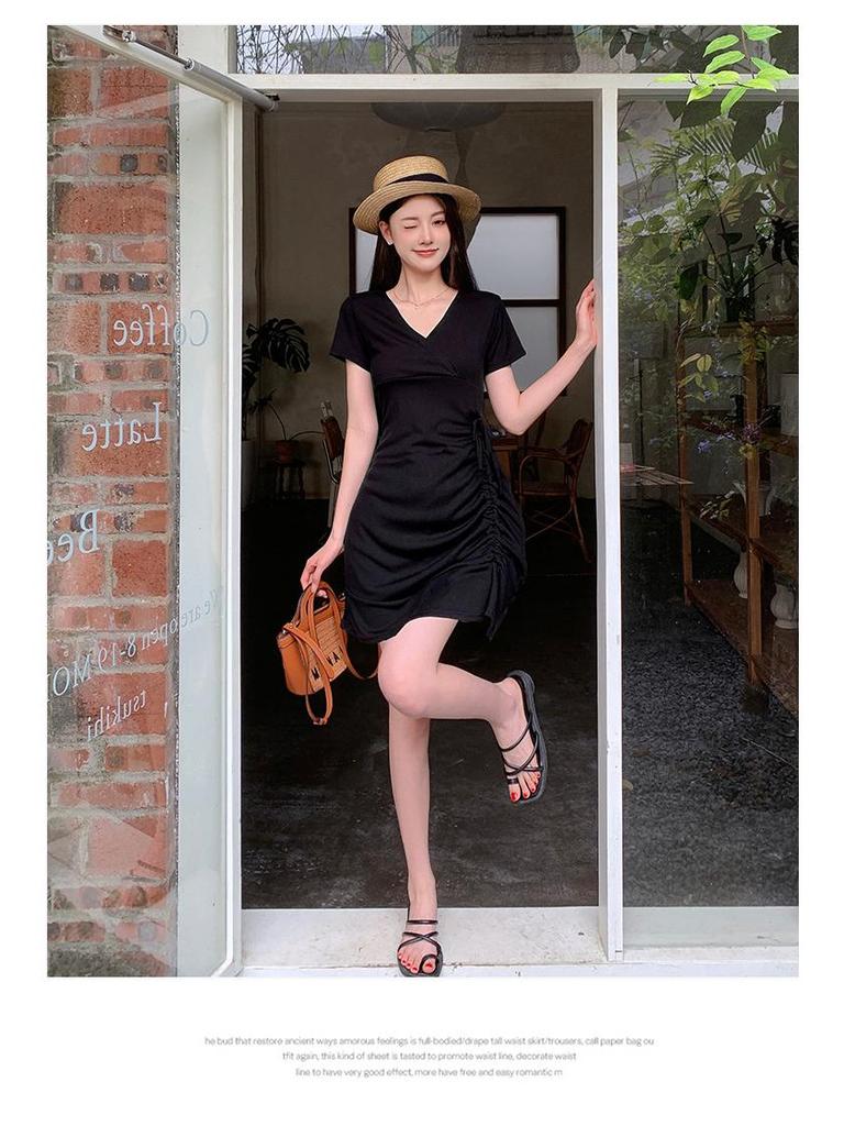 Women's Slim Fit Ruched Fishtail Little Black Dress with Drawstring Waist