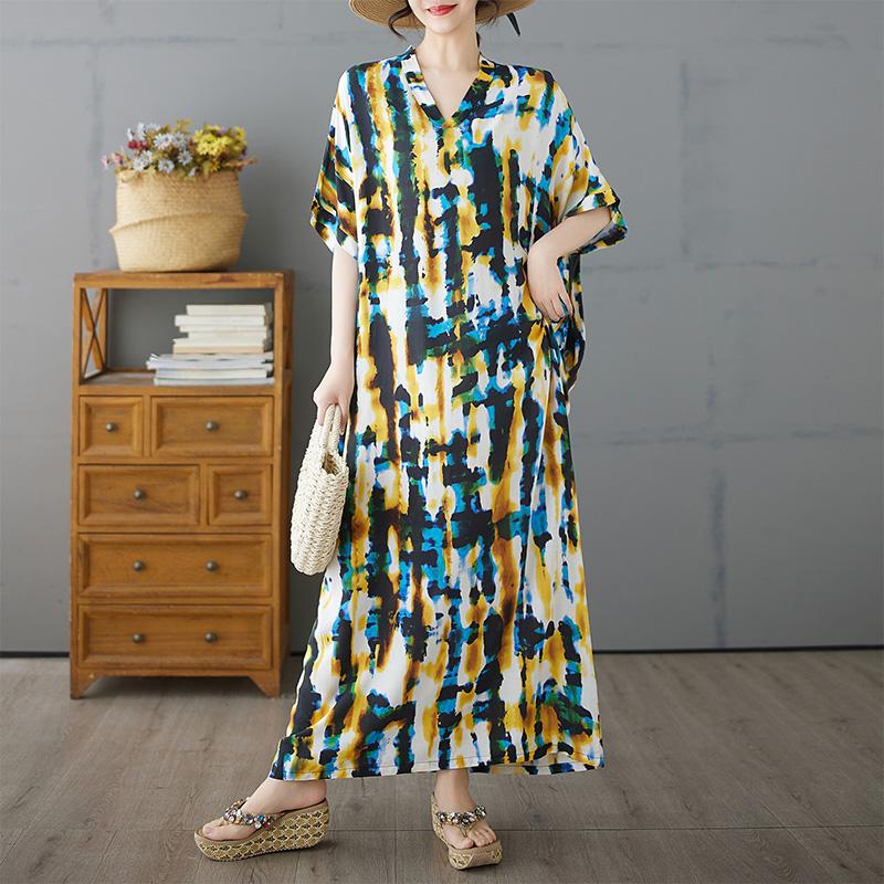DIMANAF Plus Size New 2025 Women Summer Printing Dress Basic V-Neck Beach Casual Long Fashion Loose Dress