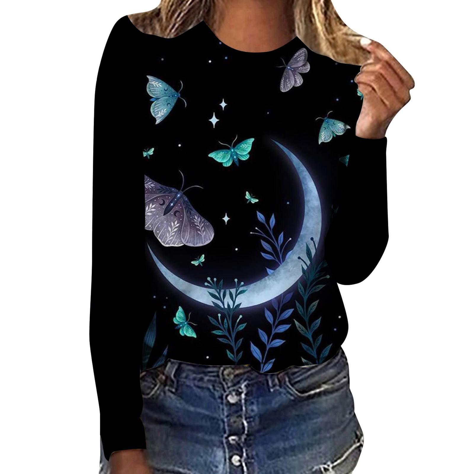 

Круглый вырез с принтом 3D-цветка и бабочки, модные повседневные женские футболки с длинными рукавами 5XL