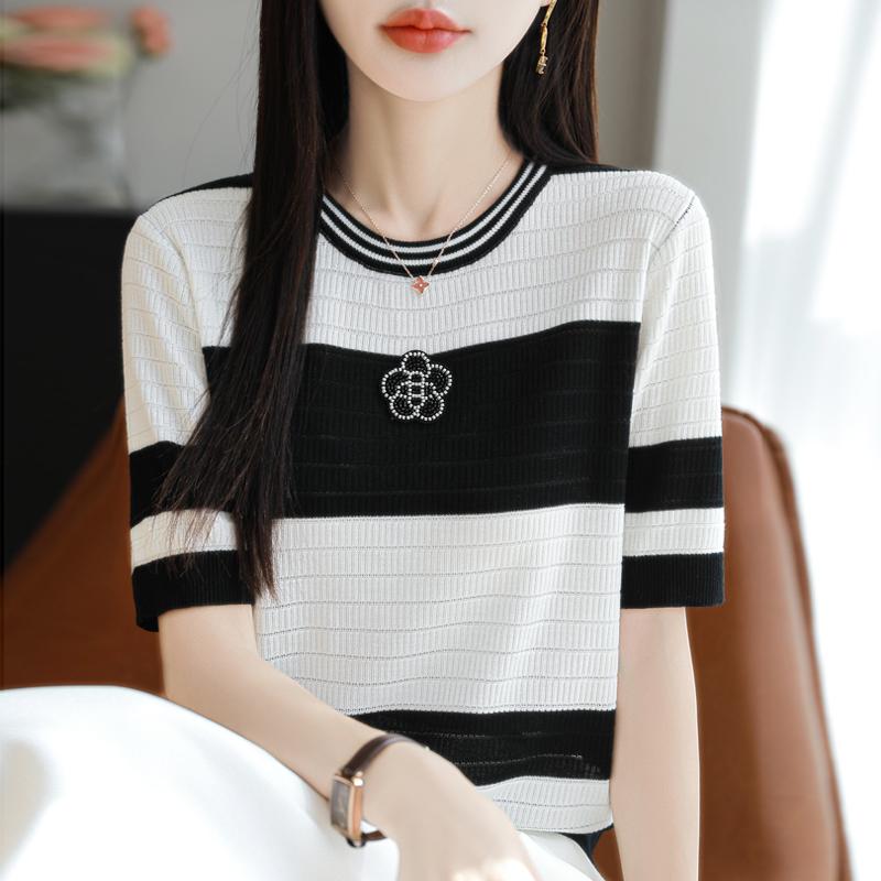 Women Knit T-shirt MODERN NEW SAGA Summer Knitted Shirt Short Sleeve Tees O-neck Patchwork Pullover Knit Tops