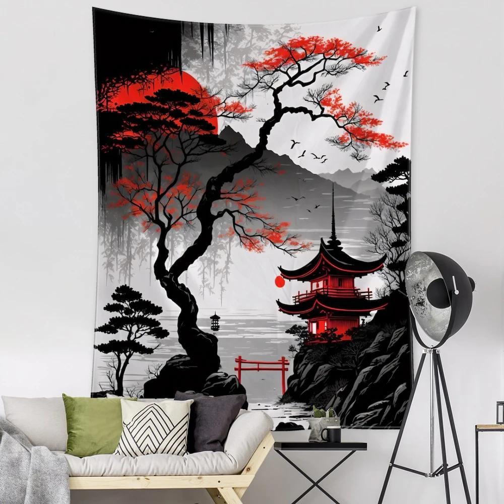 Forest Pagoda Landscape Tapestry Wall Hanging Simple Art Bohemian Modern Art Living Room Bedroom Home Decor Background Cloth