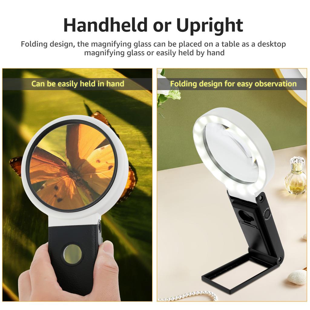 Magnifying Glass with Light and Stand 10X 25X Foldable Magnifier USB Handheld and Standing Illuminated Magnifier Reading