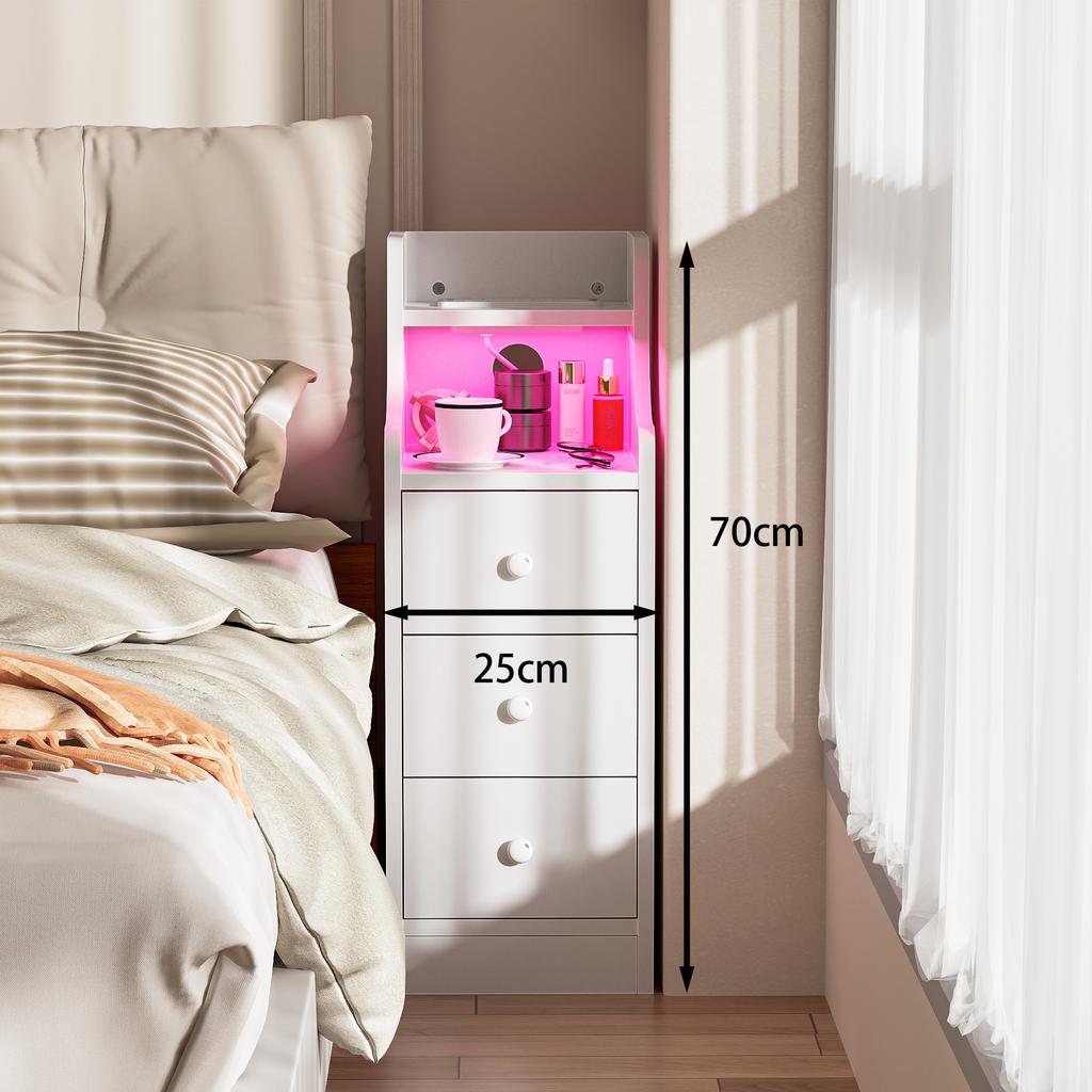 Wood Bedside Table 3 Drawers Adjustable Brightness With Charging Station 2AC/2USB Space Saving Side Cabinet Desk Nightstands
