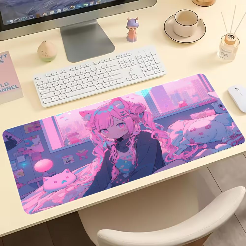 Kawaii Pink Neko Anime Girl Large Extended Gaming Mouse Pad Non Slip Desk Surface Pastel Cartoon Art Print For Gaming Station