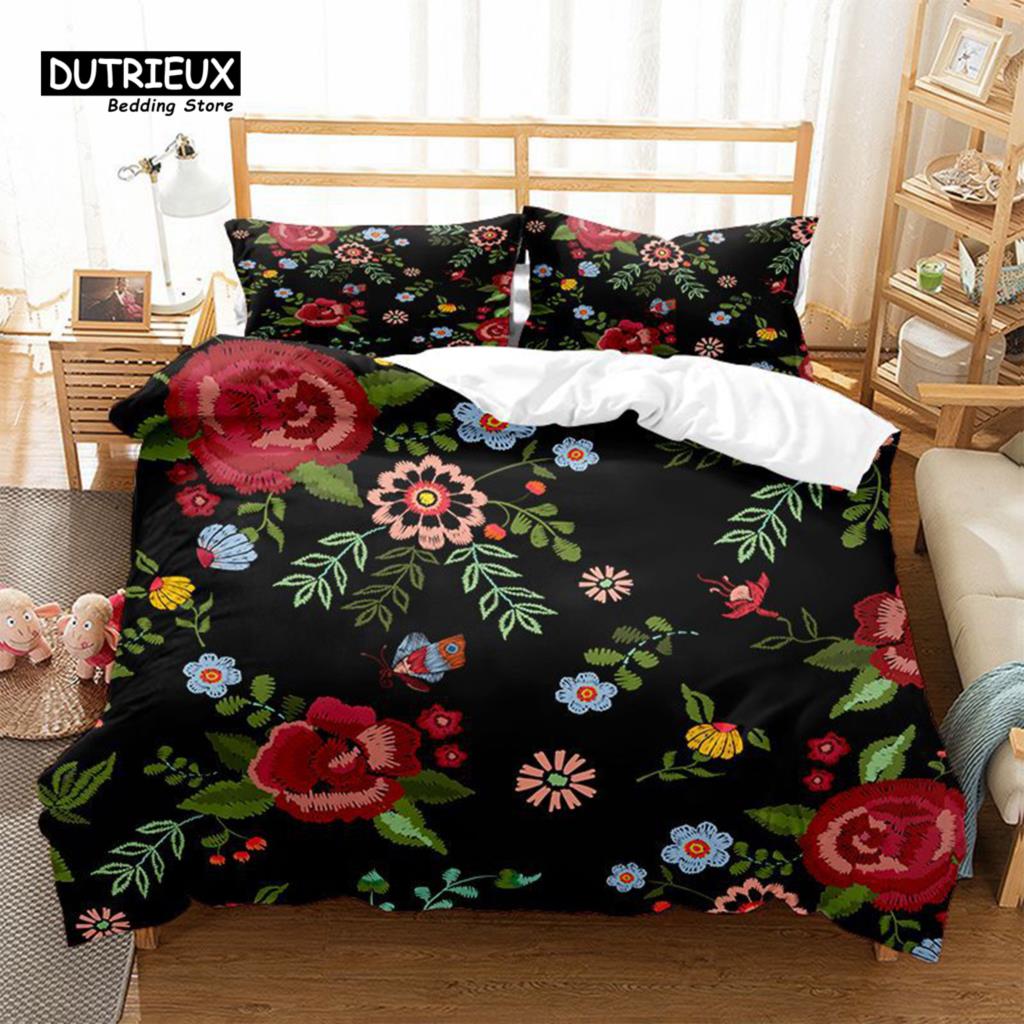 Floral Bedding Set Botanical Duvet Cover Queen Soft Boho Rose Flowers Leaves Print Comforter Cover For Kids Teens Adults Decor