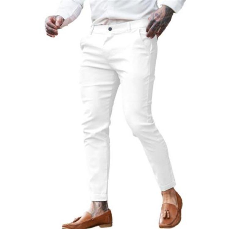 Men Pencil Pants Solid Color Long Trousers with Pockets Mid Rise Regular Fit Zipper Button Placket