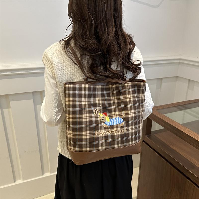 New Checked Tote Bag Cartoon Puppy Backpack Korean Version Large-capacity Underarm Bag Simple Commuting Bag for Girls