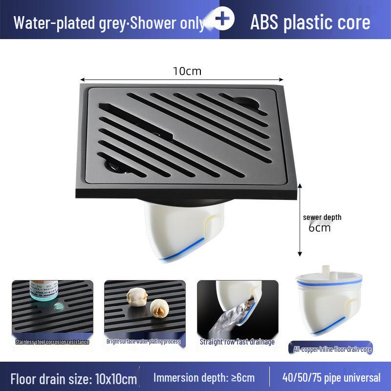 Gunmetal Gray 304 Stainless Steel Odor-Resistant Floor Drain with Copper Core for Shower & Washing Machine.