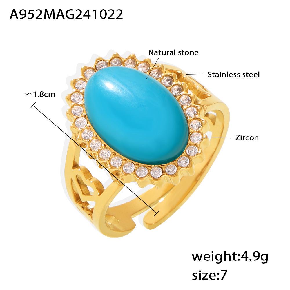 Qiong Yao Wave Zirconium Oval Stone Adjustable Open Ring - Stainless Steel, PVD Coated Size 7