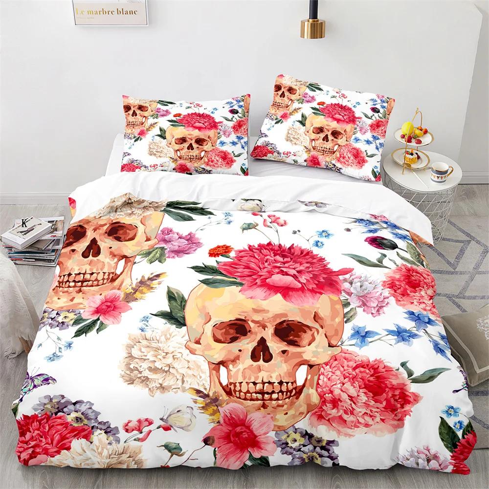 Sugar Skull King Queen Duvet Cover Gothic Skeleton Bones Floral Bedding Set Day Of The Dead Theme 2/3Pcs Polyester Quilt Cover