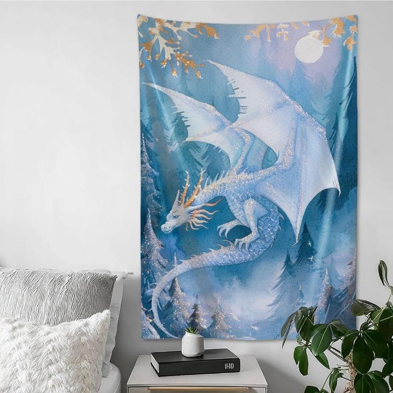 

Tapestry Wall Art Winter Blue Watercolor Style Fantasy Silver Dragon Tapestry Wall Hanging Wall Decor for Bedroom Living Room 74x94cm(29x37in)