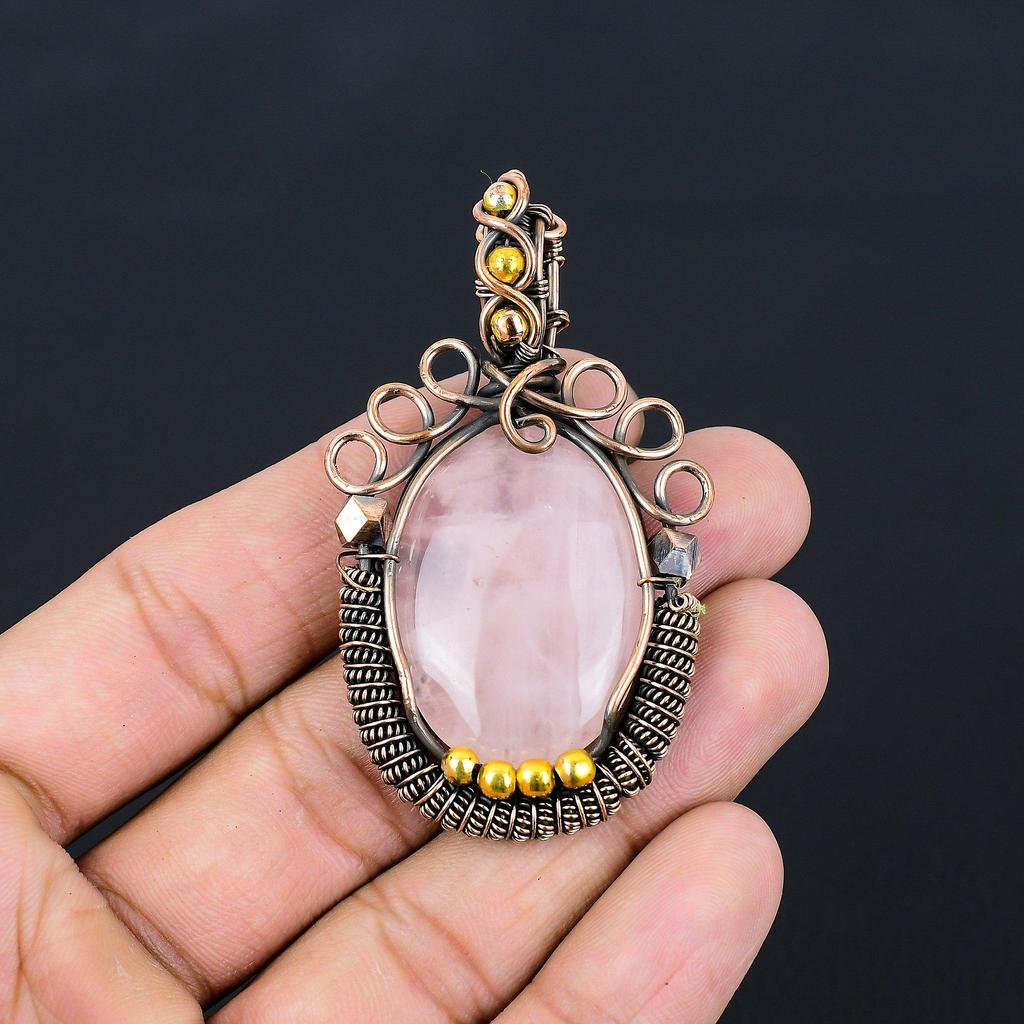 Rose Quartz Gemstone Pure Copper Wire Wrapped Handmade Pendant Jewelry For Gift