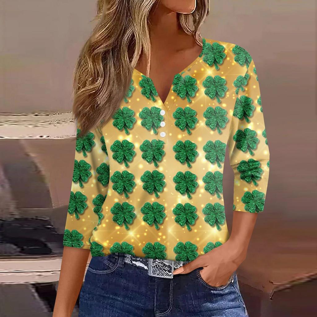 Damen T-Shirt mit Aufdruck „Saint Patrick's Day“ und Knopfleiste, 3/4-Ärmel, für den Alltag und das Wochenende, modisch, Basic, V-Ausschnitt, normales Oberteil