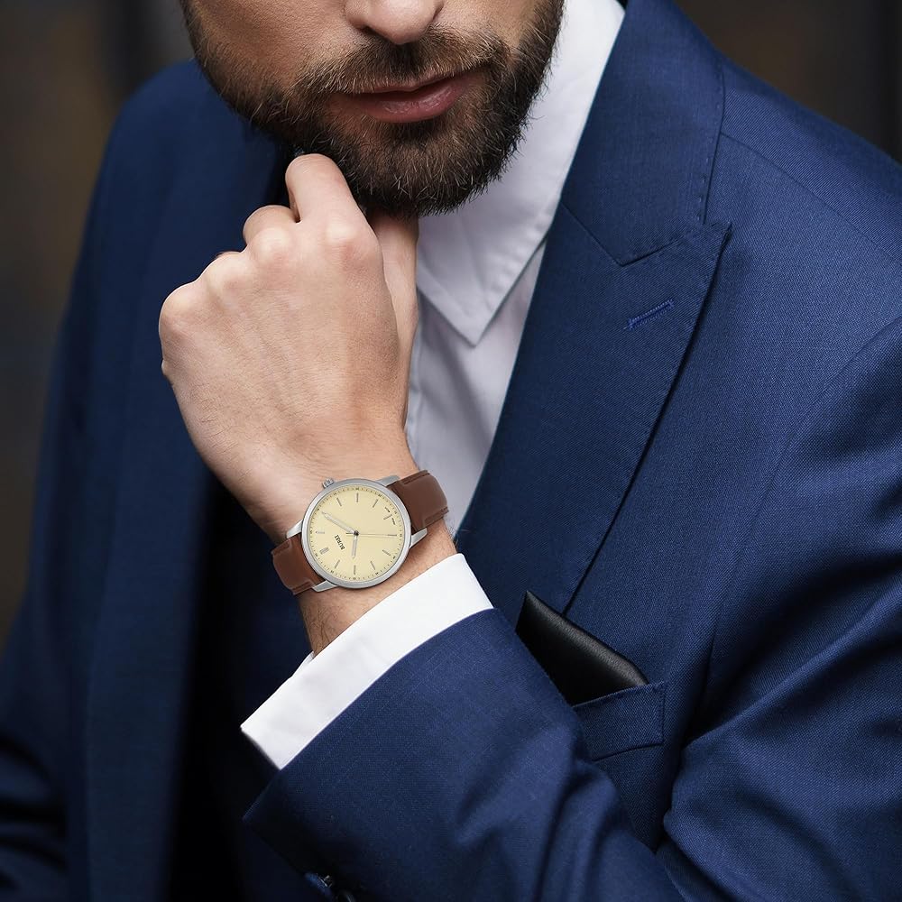 BUREI Men's Minimalist Classic Analog Quartz Watch Leather Waterproof Off-White Brown Gift