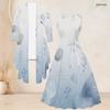 Women Plus Size Two Piece Set Round Neck Sleeveless Tie Waist Flared Dress 3 4 Sleeve Printed Cardigan
