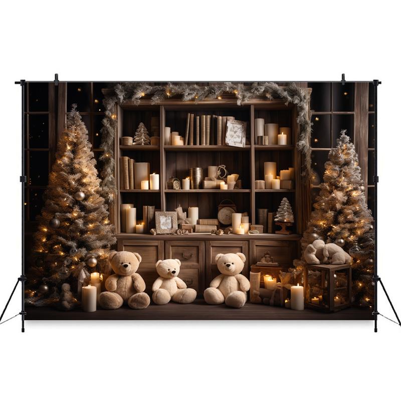 Mocsicka Christmas Photo Background Room Xmas Tree Bookshelf Gifts Bear Decoration Baby Kids Birthday Party Photography Backdrop