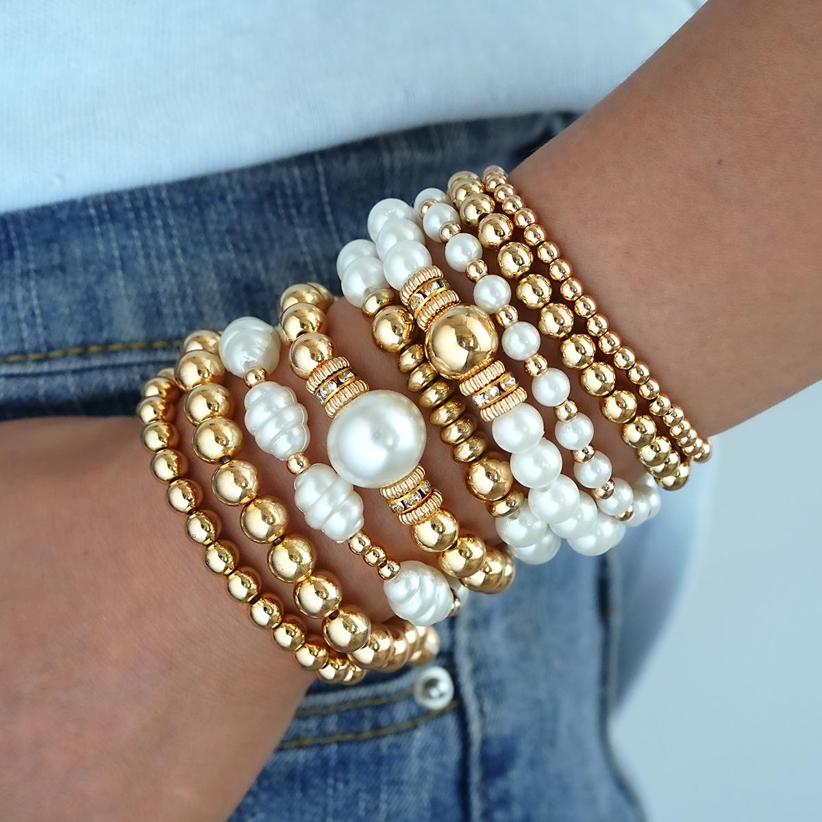 

9Pcs/Set Vintage Gold Color Beaded Bracelets Set For Women Fashion Bohemia Minimalist Faux Pearl Elastic Bracelet Boho Jewelry