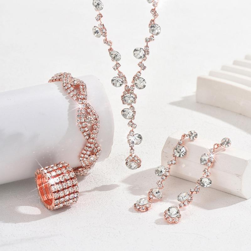 Modische Kristall-Strasssteine, Halsketten, Ohrstecker, Armbänder, dreiteilige Schmuckaccessoires, Hochzeitsaccessoires, vielseitige Bräute