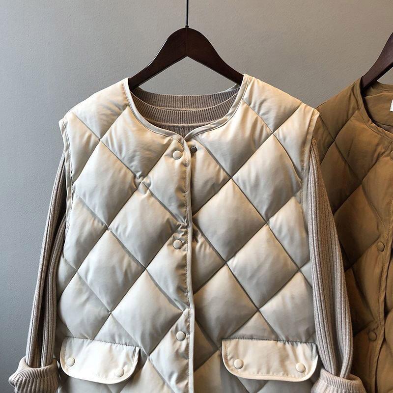 Cotton Vest Women's Autumn and Winter Sleeveless Warm Jacket Diamond-shaped Versatile Solid Color Outside Thickening Comfortable Vest