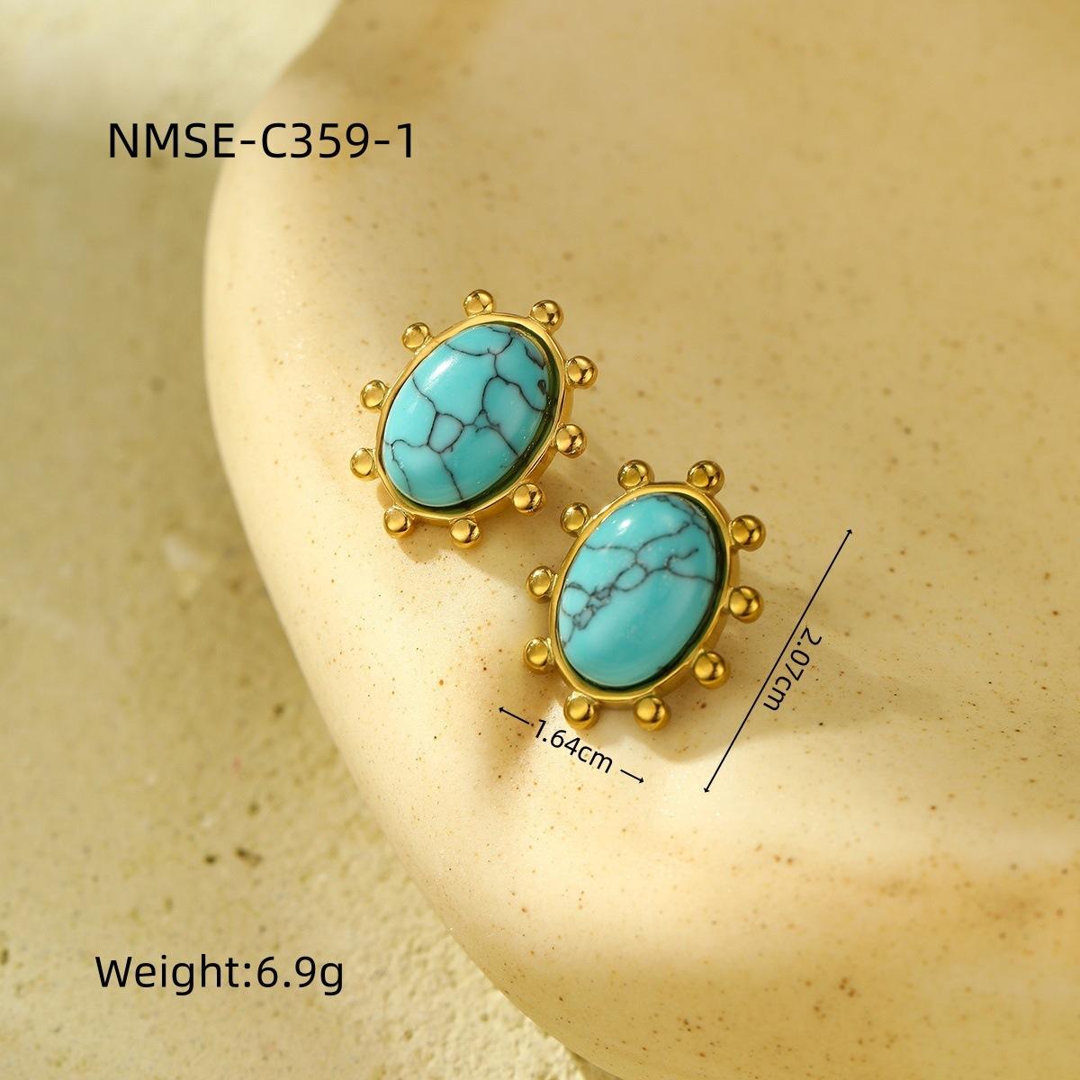 GEMCHIC Women s Oval Turquoise Stud Earrings Vintage Geometric Gold Plated Stainless Steel Fashion Jewelry
