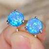 Blue Opal Small Round Stone Stud Earring Trendy 3 Claw Screw Back Earrings For Women Classic Silver Color Wedding Jewelry Gifts
