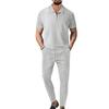 Men Spring Autumn New Solid Color Waffle Knit Collared Half Zip Polo Shirt Pants Set