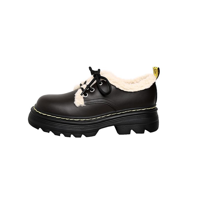 Warm and velvet winter new women's shoes lace-up fluffy shoes British style small leather shoes thick-soled heightening single shoes