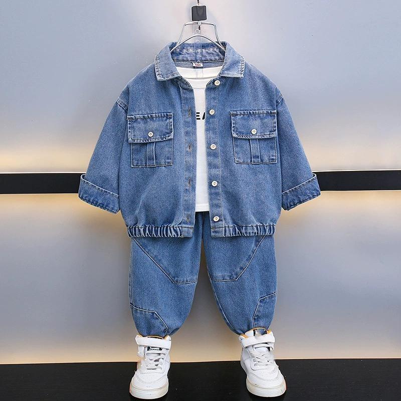Boys Spring and Autumn Denim Suit Children's Ruffian Handsome Western Style Solid Color Two-piece Suit