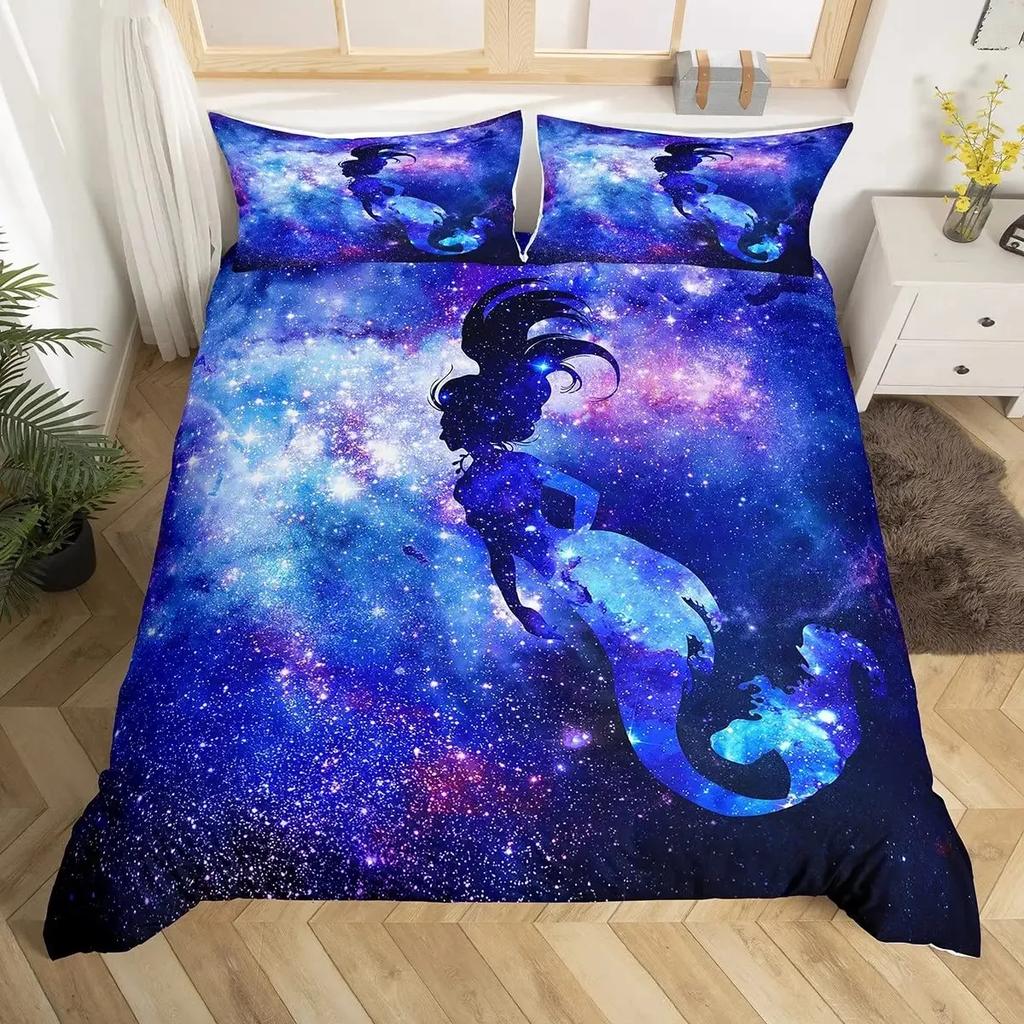 Blue Sea And Galaxy Duvet Cover Set Full,3D Whale Ocean Creatures Bedding Sets Space Starry Mysterious Nebula Comforter Cover