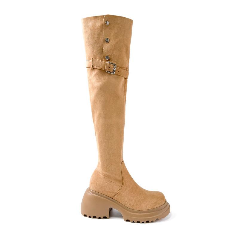 Sheepskin Version Over Knee Thick Sole Heightened Thick Heel Maillard Long Tube Boots Large Tube Circumference Widened Fat Mm Suede Knight Boots