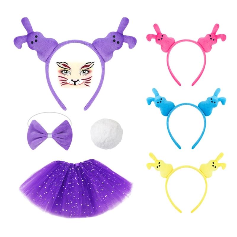 1/3/4/5Pcs Women's Bunnies Costume Accessories Set Rabbit Ears Headband Bowtie Rabbit Tail Tutu Skirt for Easter Party