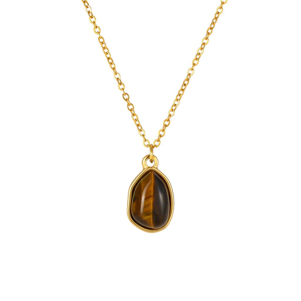 Stainless Steel Natural Tiger'S Eye Water Drop Pendant Necklace Female 2857