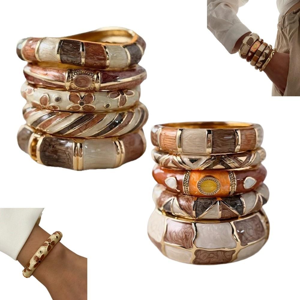 Stacking Floral Inlaid Stone Bangle Drip Glaze Open Bracelet Daily Party