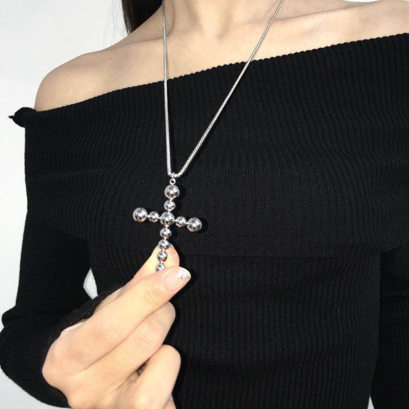 Fashion Minimalist Sense Cross Long Necklace Cold Wind Fashionable Retro Cleanfit Easiest for Match Clavicle Chain Silver 75cm