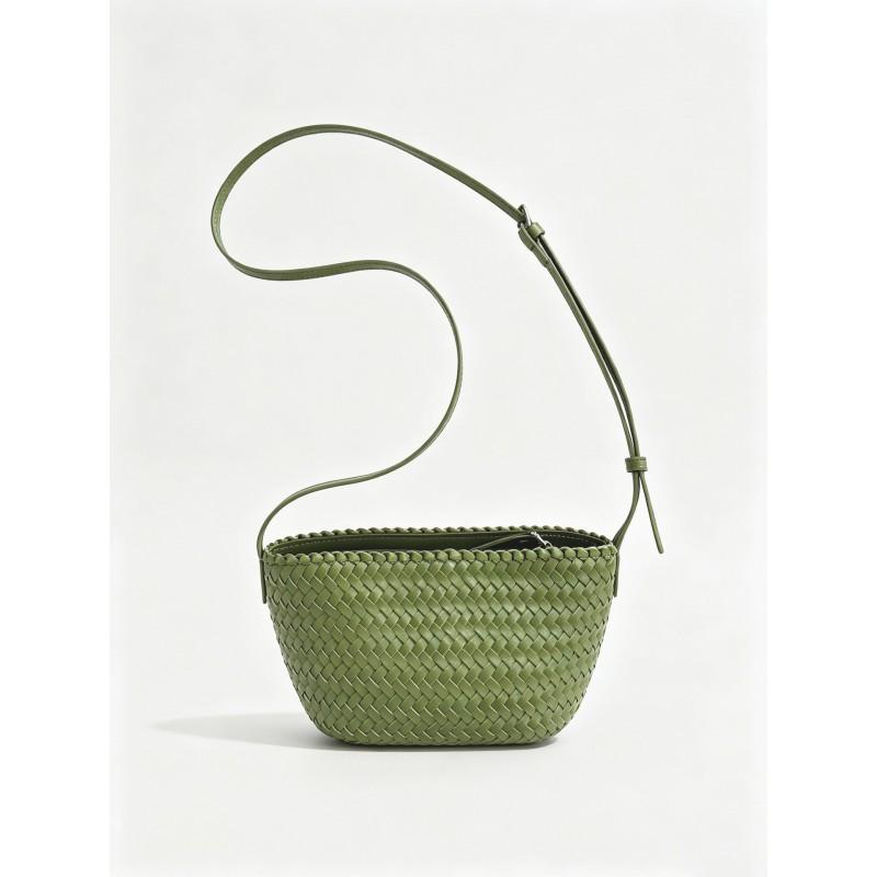 Handwoven Genuine Leather Crossbody Bag Women Casual Tote With Zip Small Square Shape