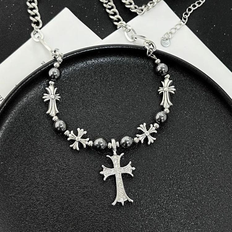 European and American Retro Gothic Style Bead Necklace Cross Necklace Simple Neutral High-end Necklace Pendant Trendy Splicing Necklace