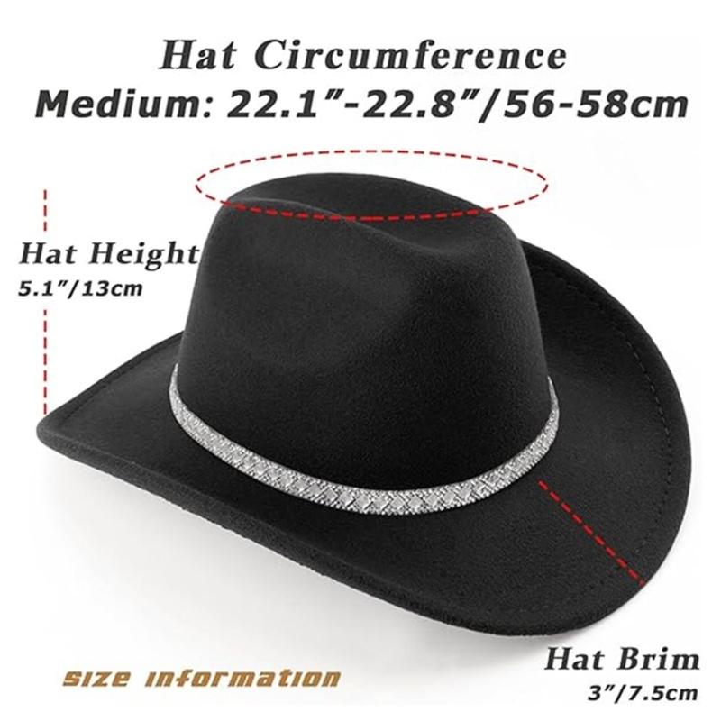 Sparkling Rhinestones Belt Western Cowboy Hats In Comfortable Woolen For Music Festivals And Outdoor Adventures
