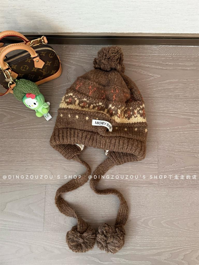 Vintage Hat Fair Island Hairball Knitted Hat Women's Winter Warm Ear Protection Lei Feng Hat Thickened Red Wool Hat